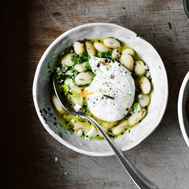 White Bean Stew with Feta and Poached Egg