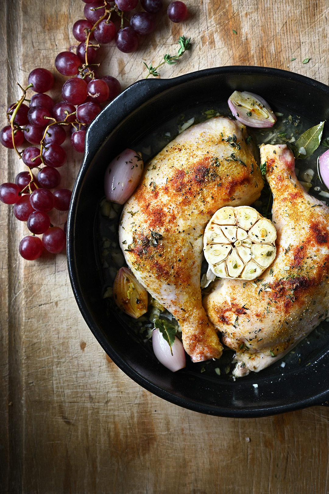 serving dumplings | Roast chicken legs with garlic and grapes