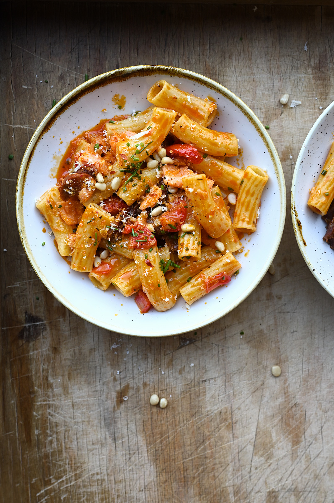 serving dumplings | Quick pasta with smoked salmon and chorizo