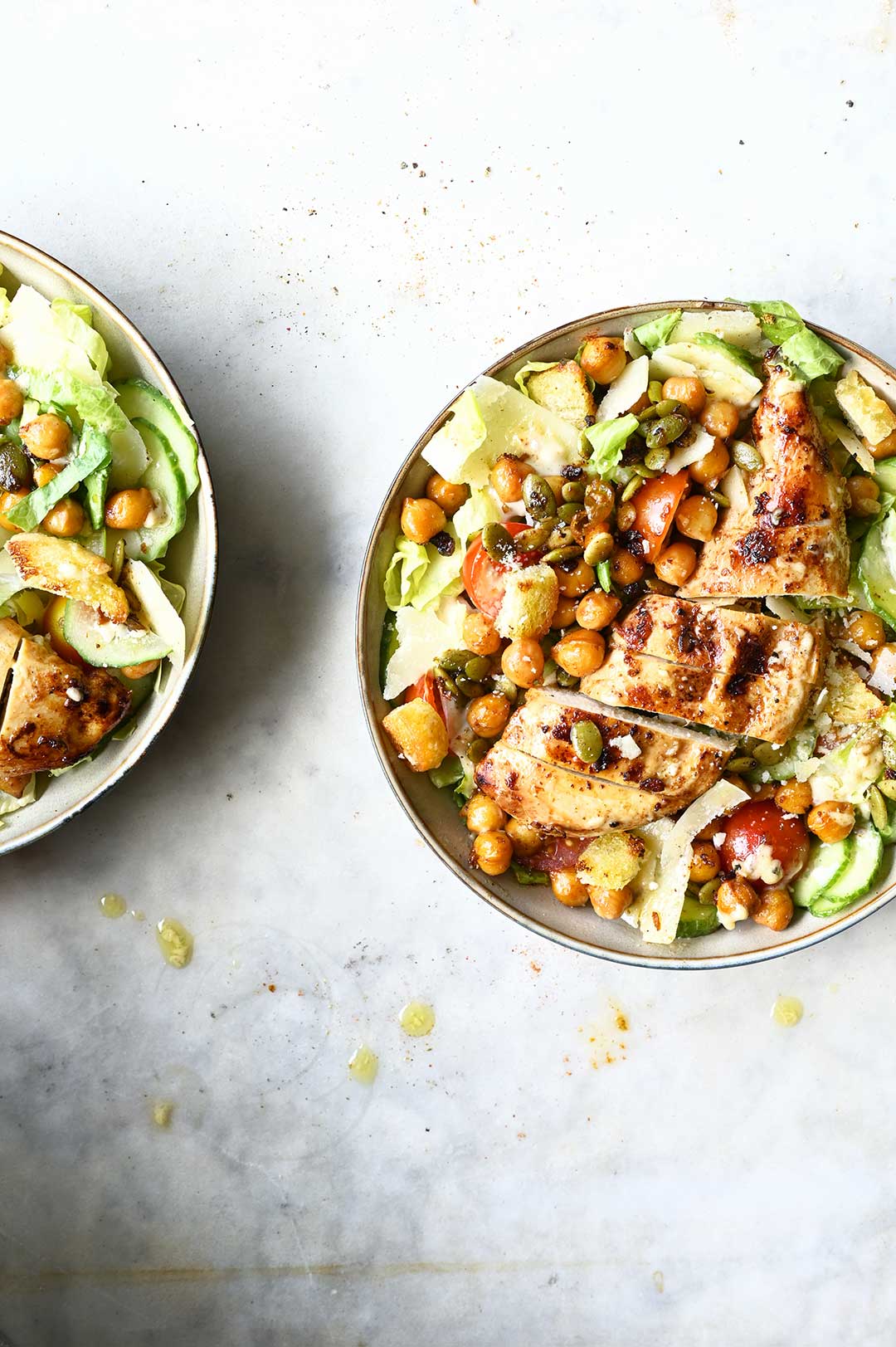 serving dumplings | Chicken salad with chickpeas and parmesan dressing