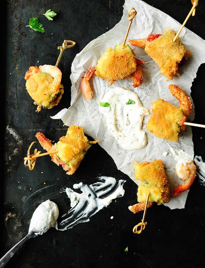 Fried zucchini rolls with shrimps