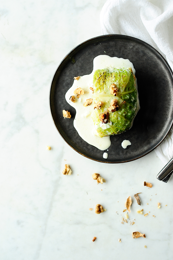 Potato, chicory and pear stuffed cabbage with gorgonzola sauce