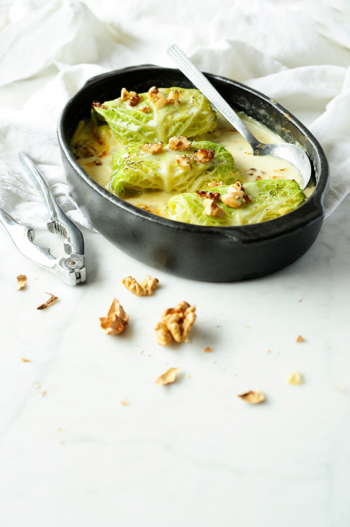 Potato, chicory and pear stuffed cabbage with gorgonzola sauce 