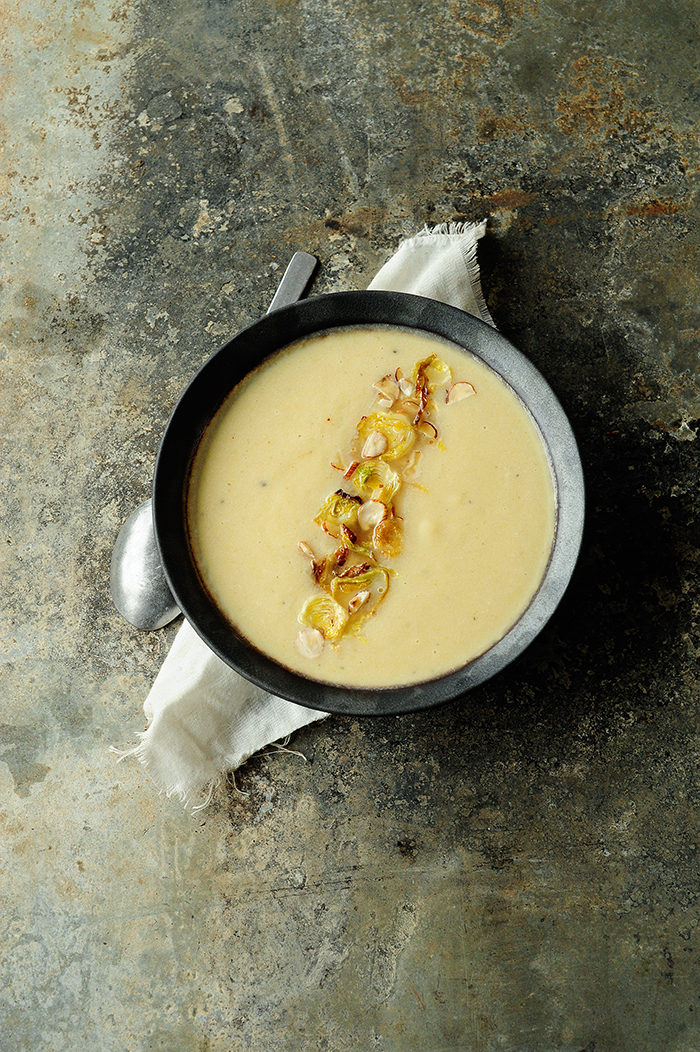 serving dumplings | Roasted cauliflower apple soup with crispy brussels sprouts and hazelnuts-1
