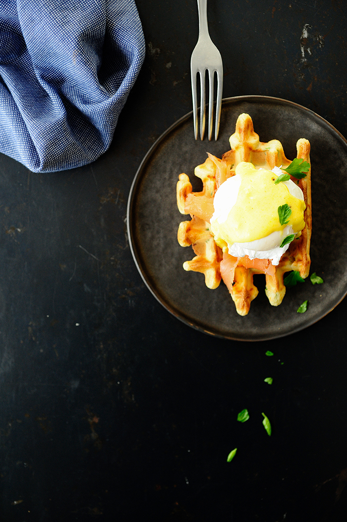 Spelt waffles with smoked salmon and eggs florentine