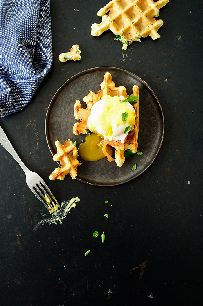 Spelt waffles with smoked salmon and eggs florentine