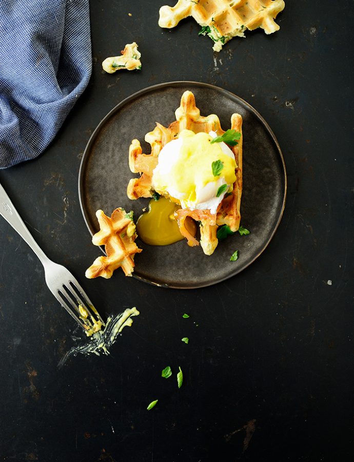 Spelt waffles with smoked salmon and eggs florentine