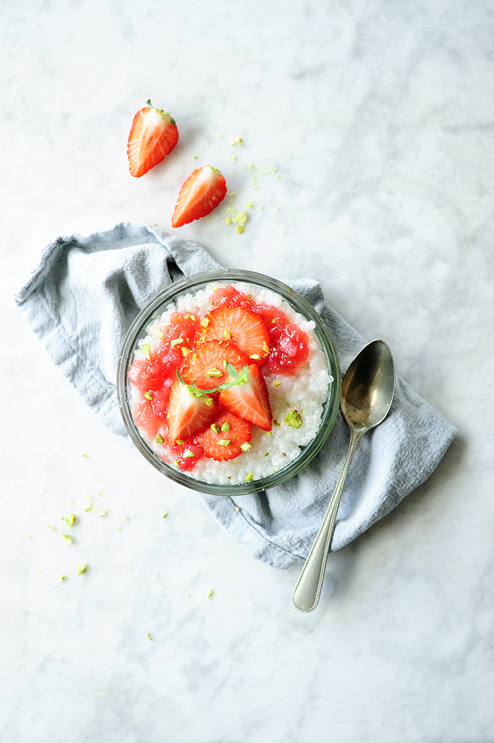 Coconut tapioca pudding with rhubarb