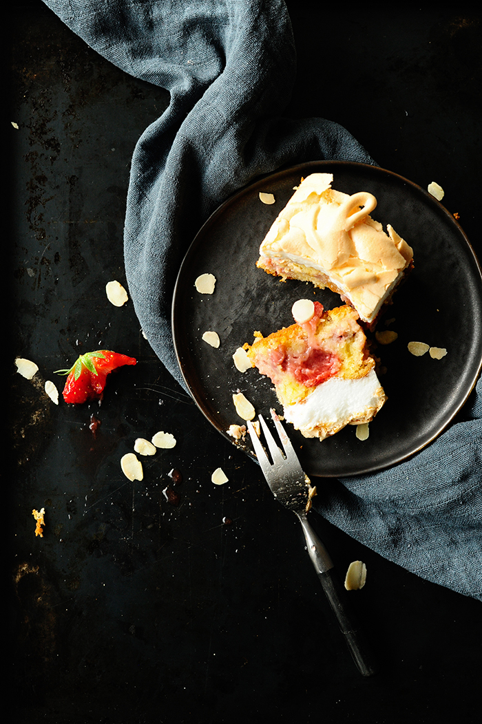 serving dumplings | Almond strawberry cake topped with meringue