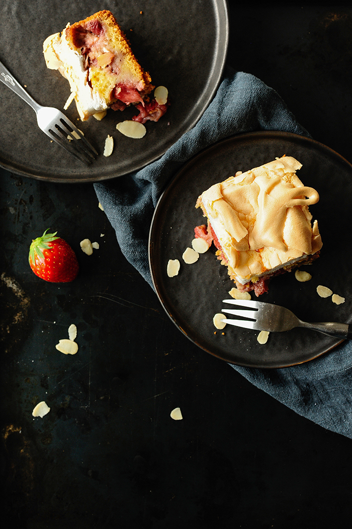 serving dumpings | Almond strawberry cake topped with meringue