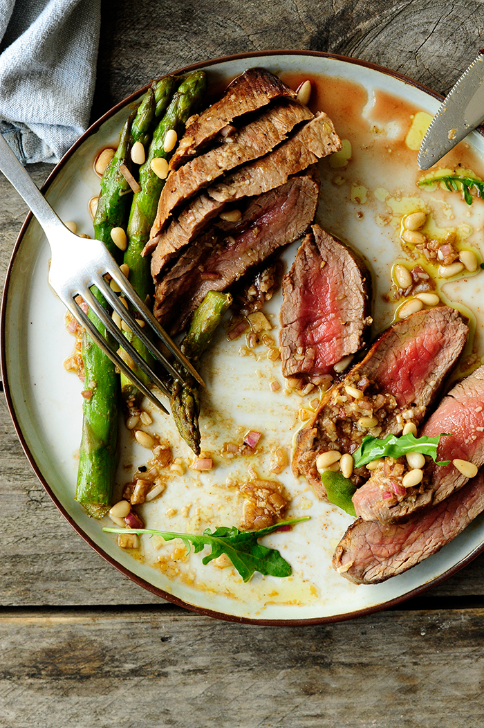 Tagliata with asparagus and parmesan vinaigrette-