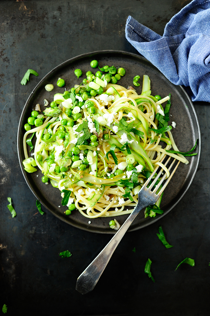 serving dumplings | Pasta with shaved asparagus, peas and feta