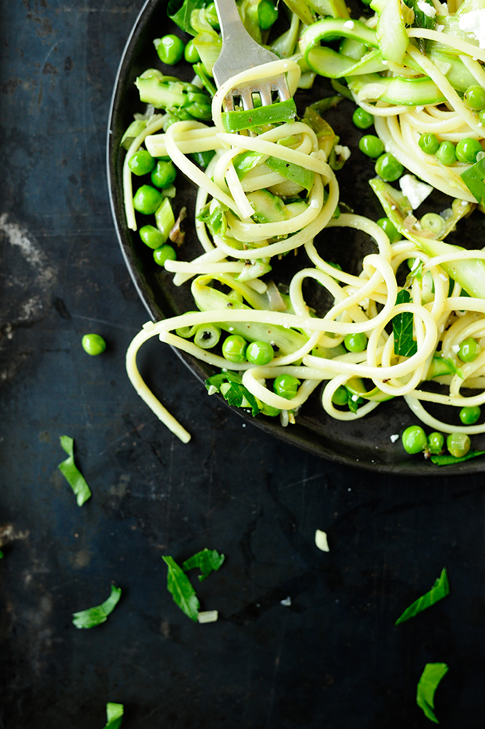 serving dumplings | Pasta with shaved asparagus, peas and feta