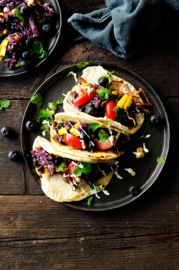 serving dumlings | Pulled beef taco with blueberry coleslaw