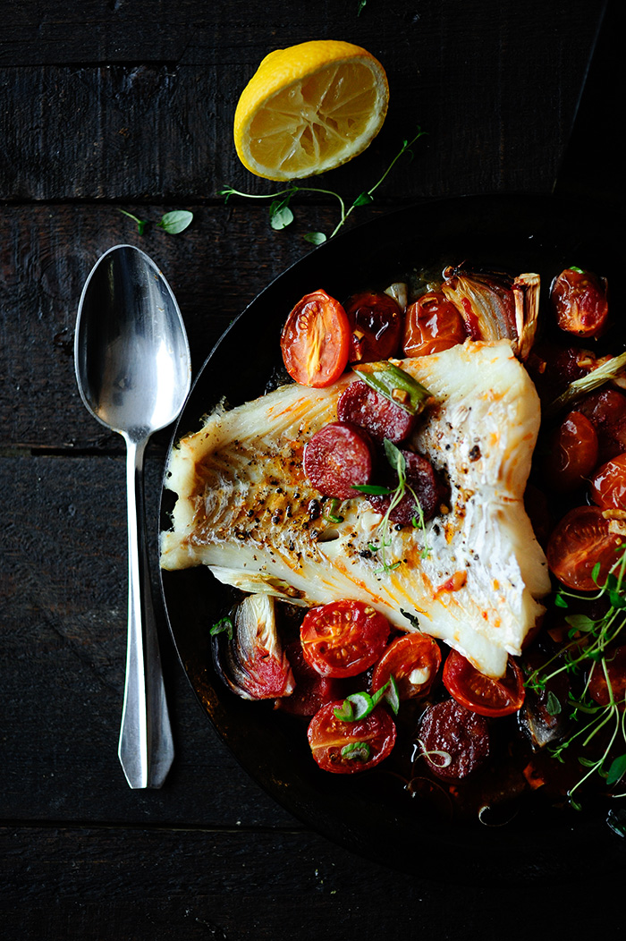 serving dumplings | Baked cod with chorizo and cherry tomatoes