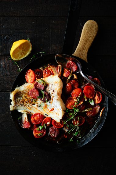 Baked cod with chorizo and cherry tomatoes – Serving dumplings