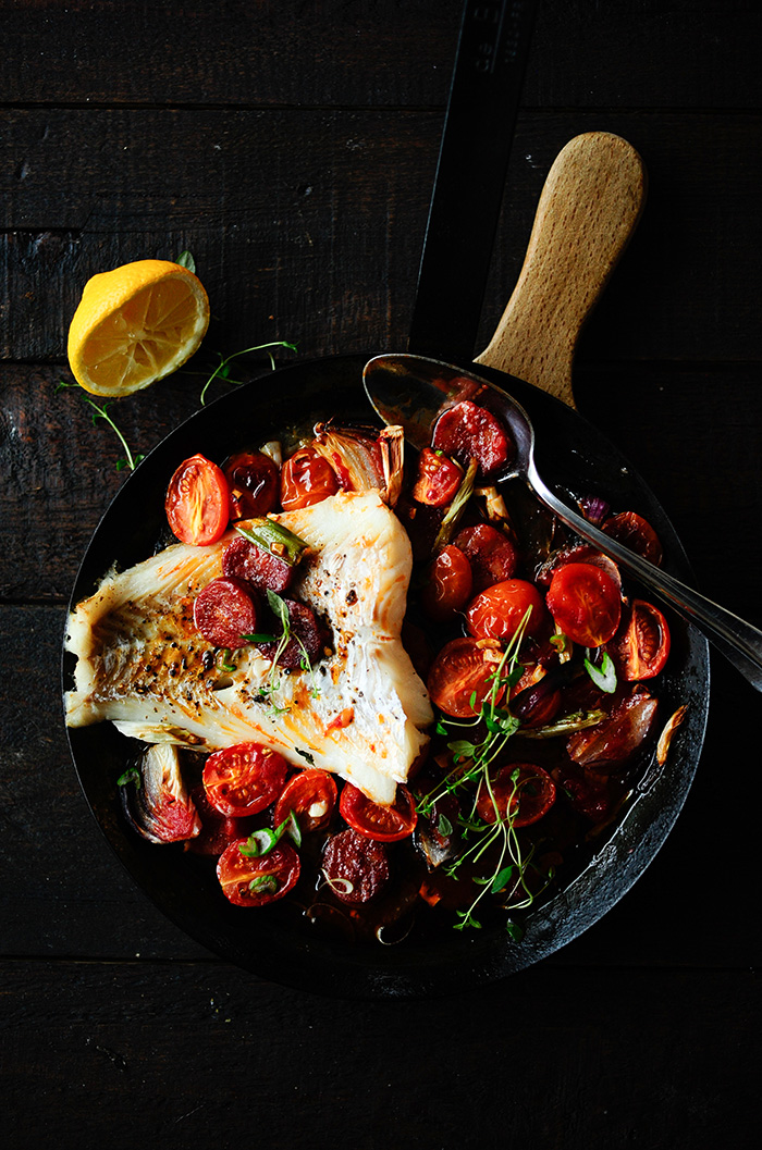 Baked cod with chorizo and cherry tomatoes