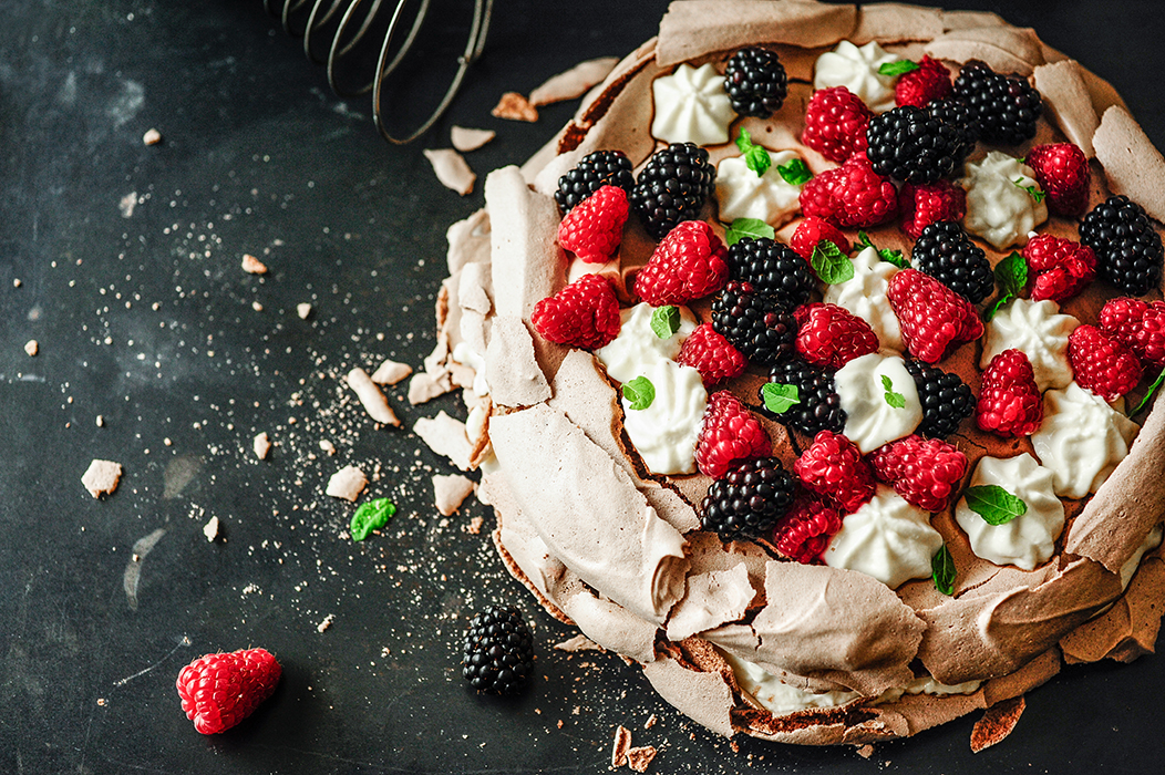 Chocolate pavlova with buttermilk cream