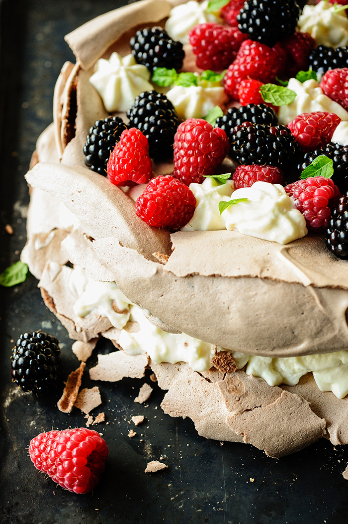 serving dmplings | Chocolate pavlova with buttermilk cream