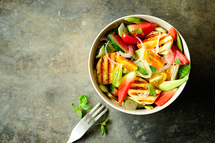 Watermelon salad with grilled halloumi