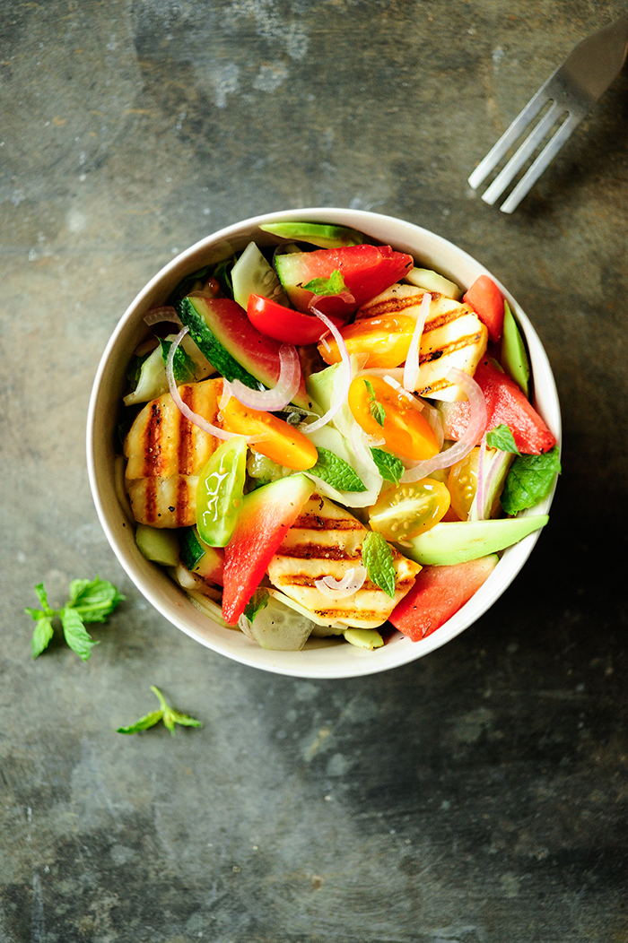 Watermelon salad with grilled halloumi