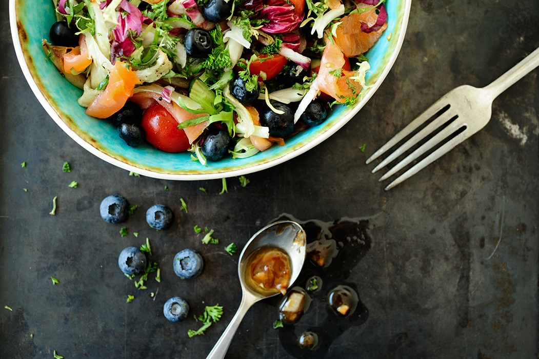 Smoked salmon salad with blueberry vinaigrette