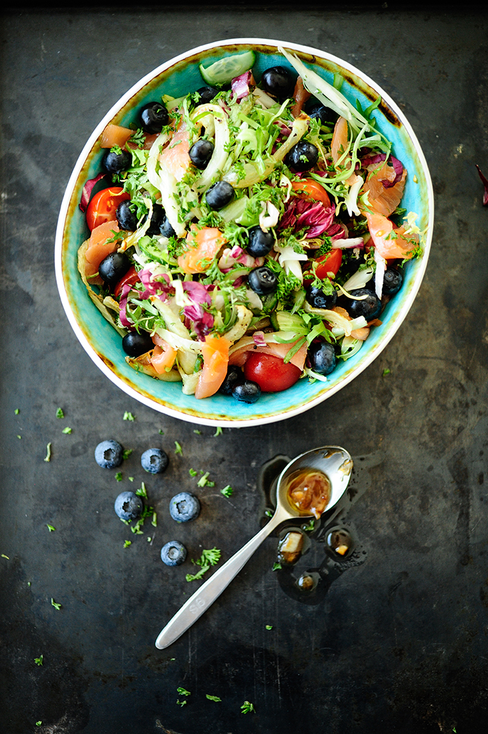 Serving dumplings | Smoked salmon salad with blueberry vinaigrette