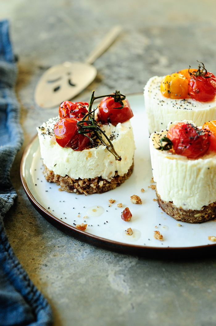 serving dumplings | savory-goat-cheese-and-roasted-tomatoes-mini-cheesecakes