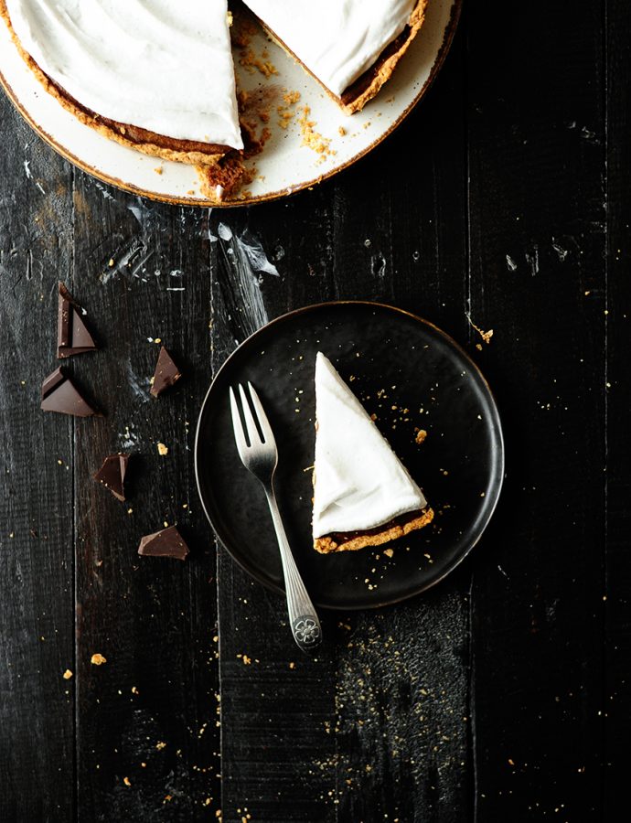Chocolate pumpkin pie with coconut whipped cream