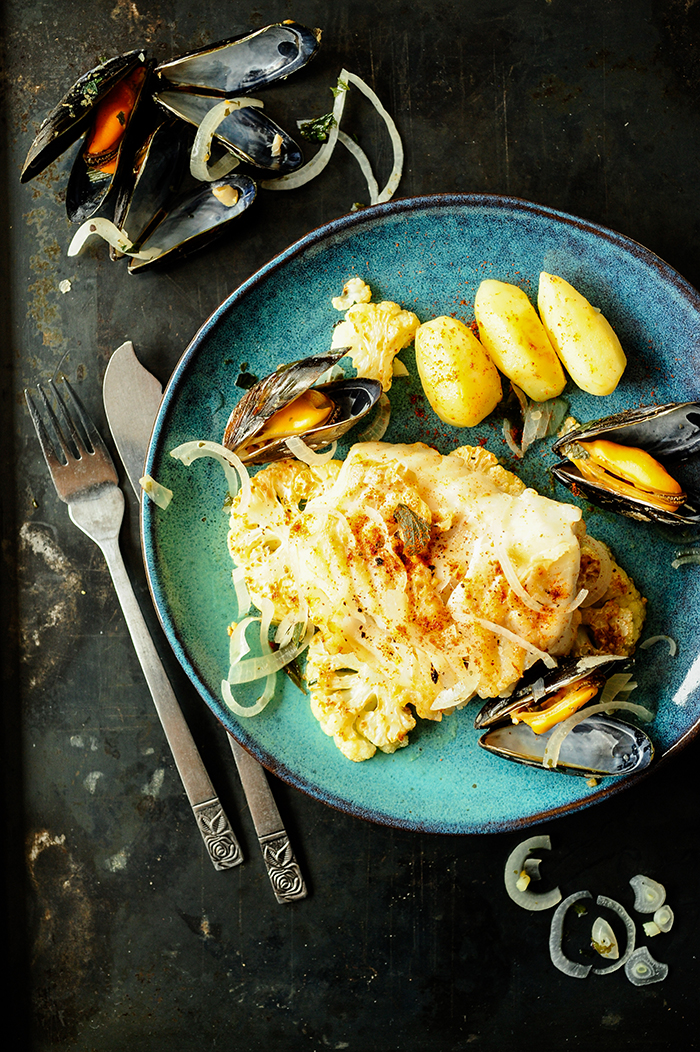 serving dumplings | cod-with-mussels-and-roasted-cauliflower