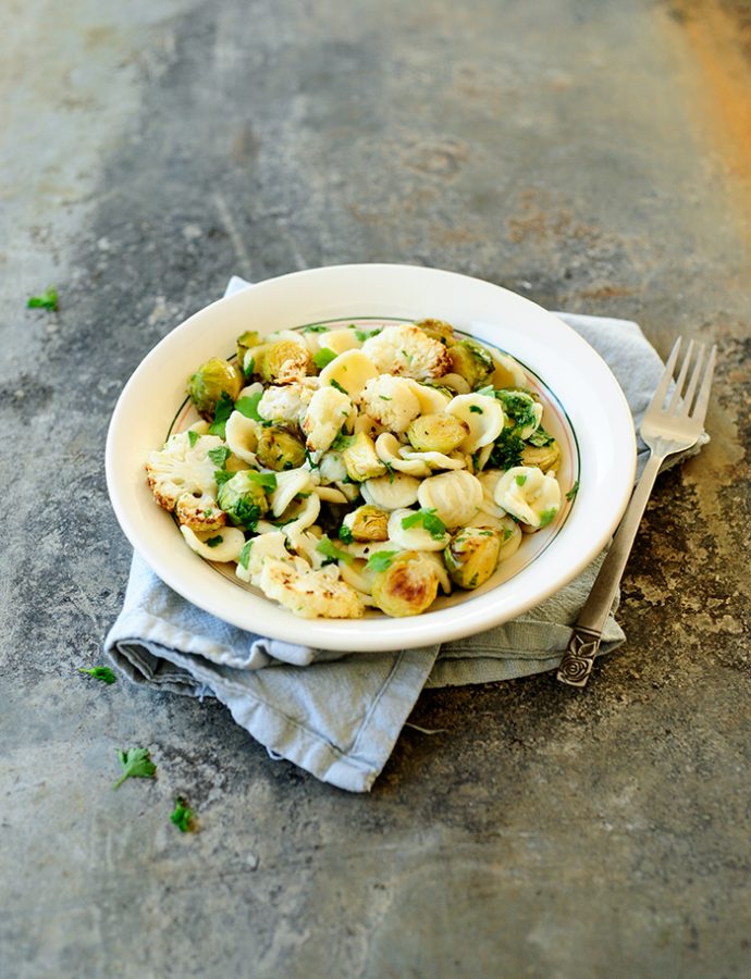 Roasted brussels sprouts pasta, cauliflower and gremolata
