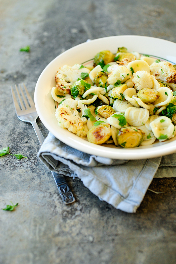 serving dumplings | roasted-brussels-sprouts-pasta-cauliflower-and-gremolata