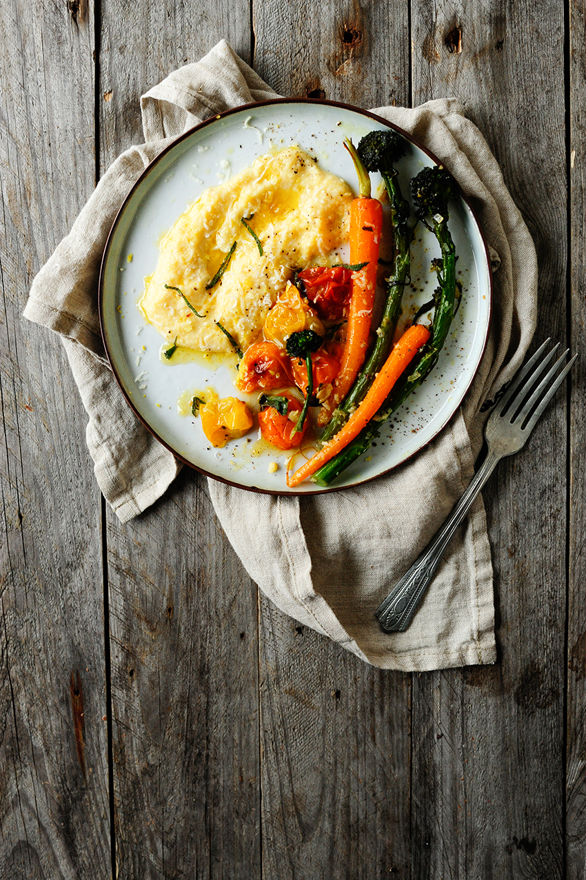 Creamy Parmesan polenta with roasted vegetables