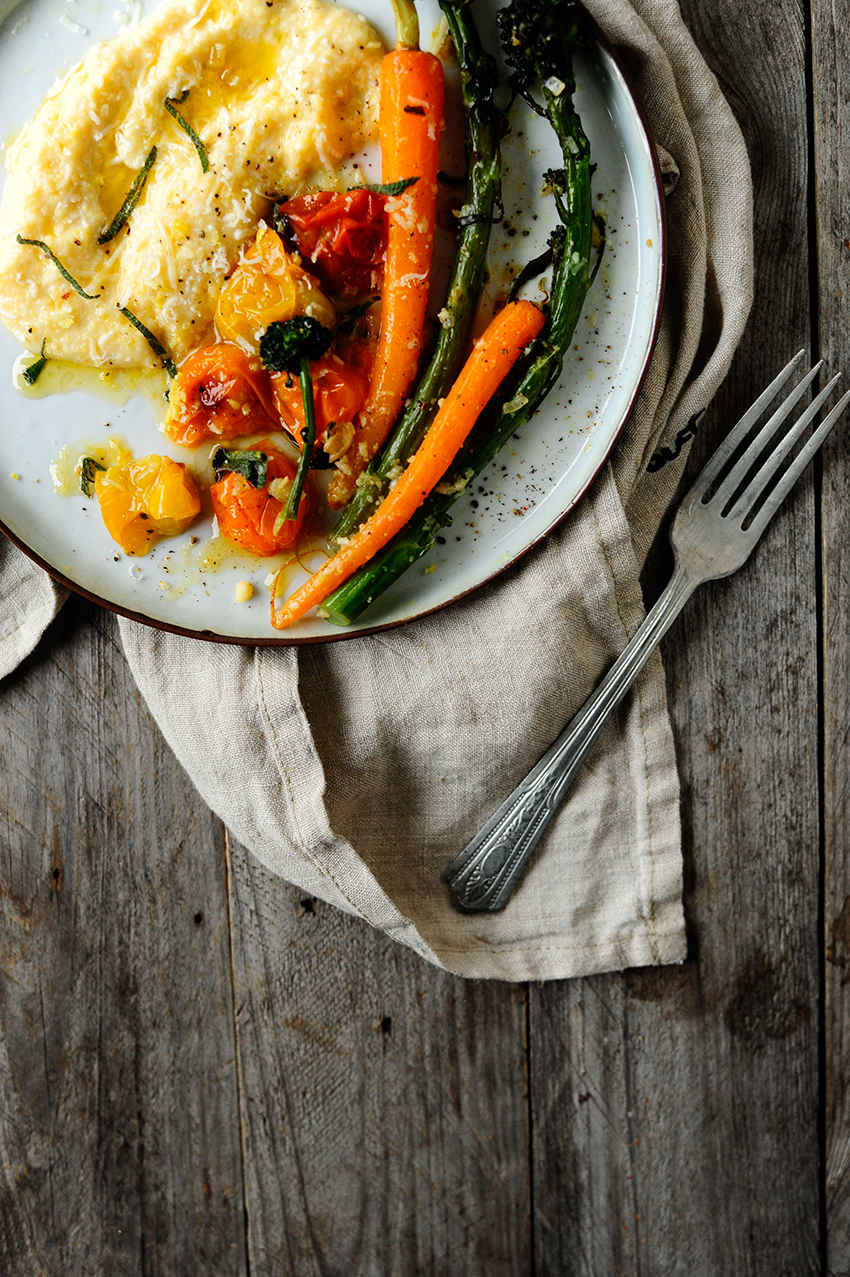 Creamy Parmesan polenta with roasted vegetables