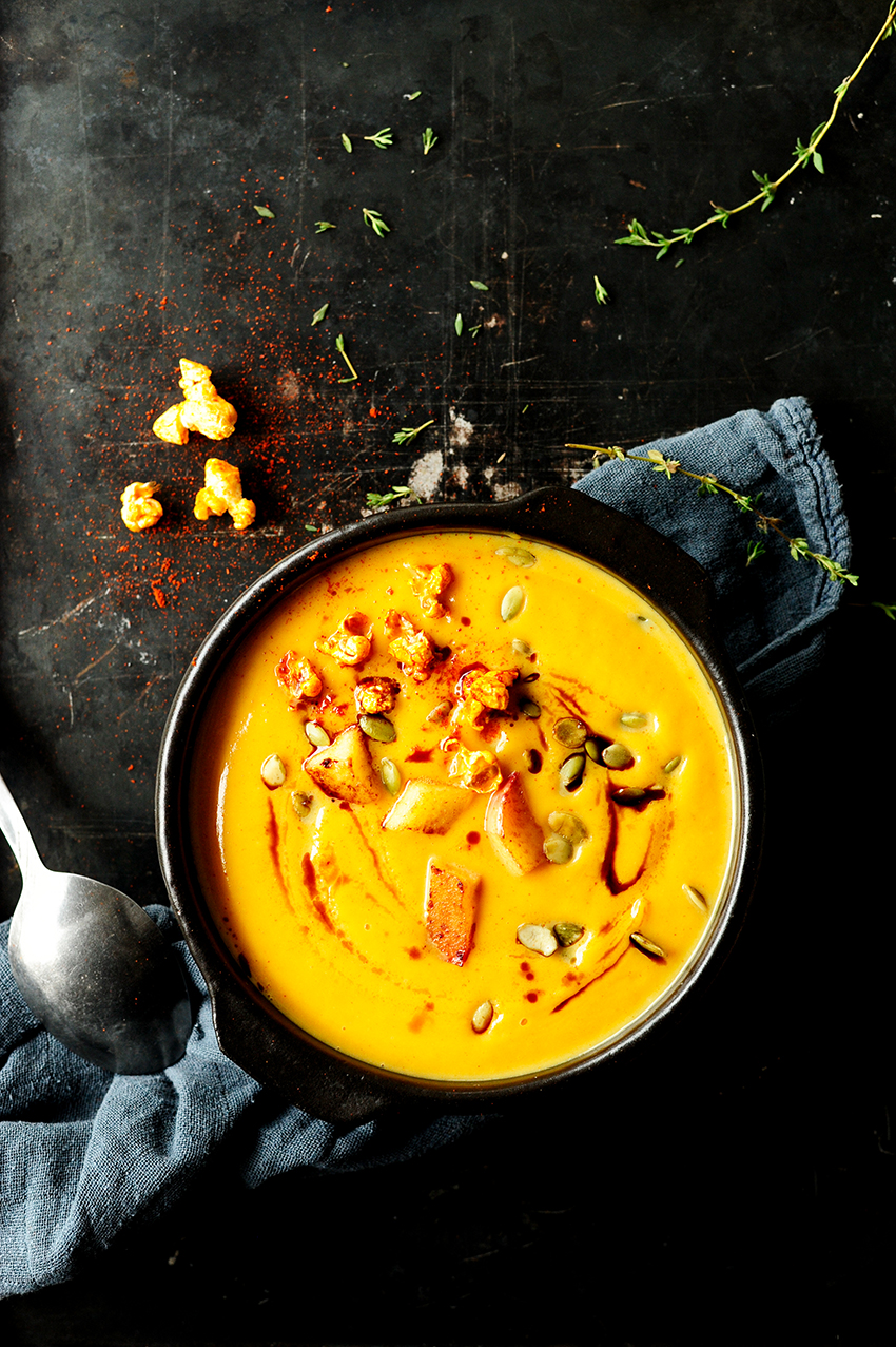 pumpkin-sweet-potato-soup-with-caramelized-apple-and-popcorn