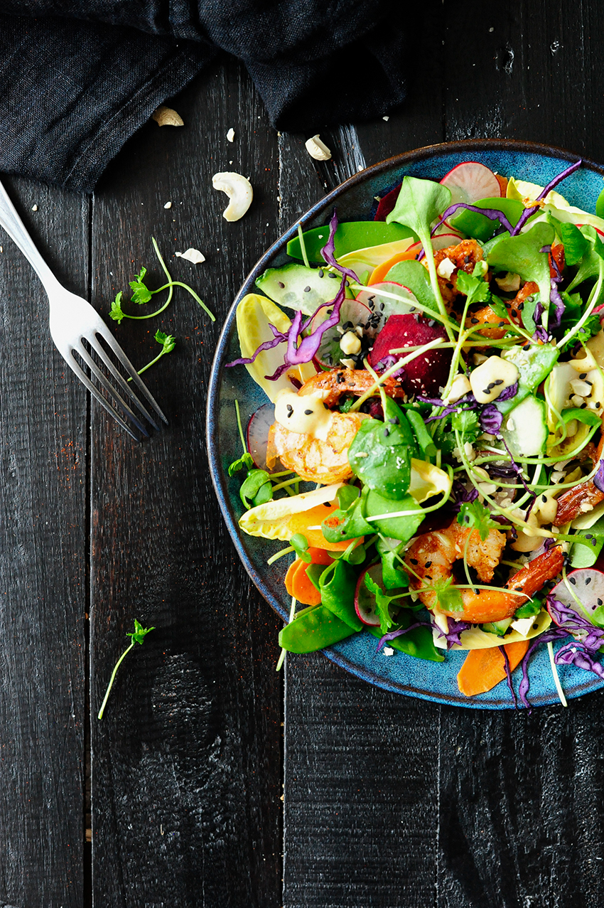 serving dumplings | Rainbow shrimp salad with tahini dressing