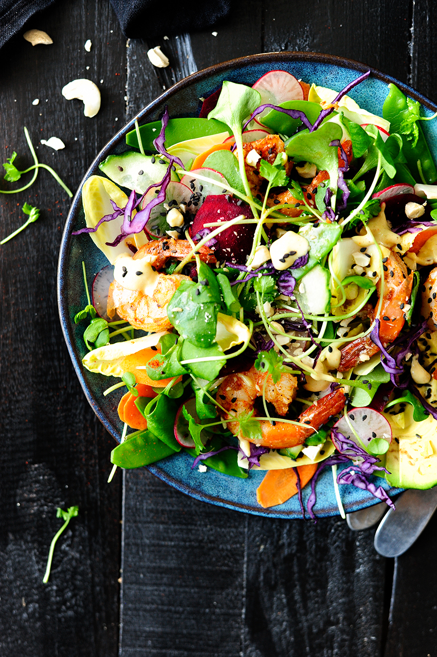 serving dumplings | Rainbow shrimp salad with tahini dressing