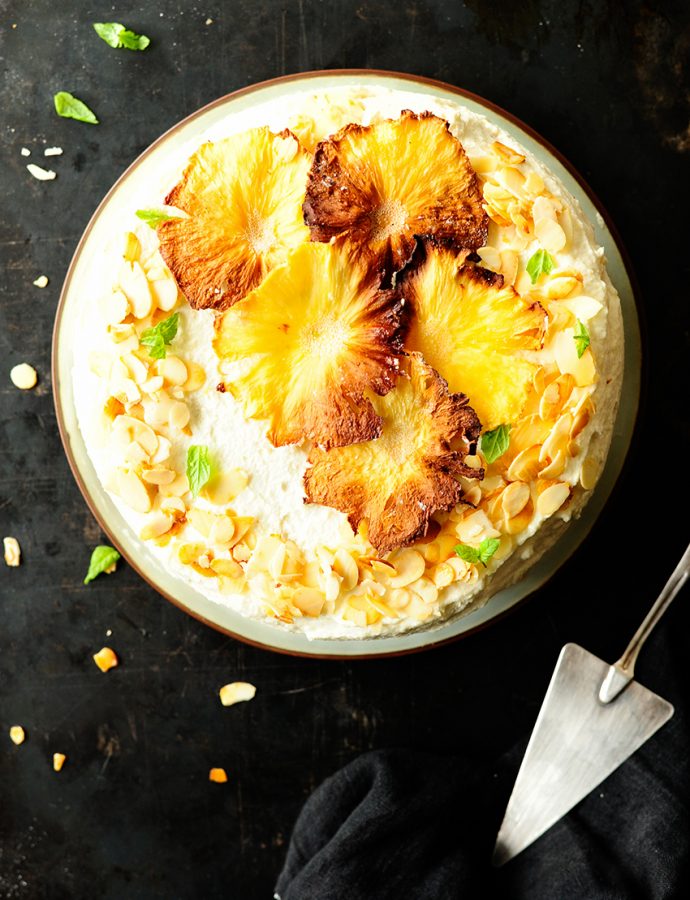 Almond cake with caramelized pineapple and white chocolate