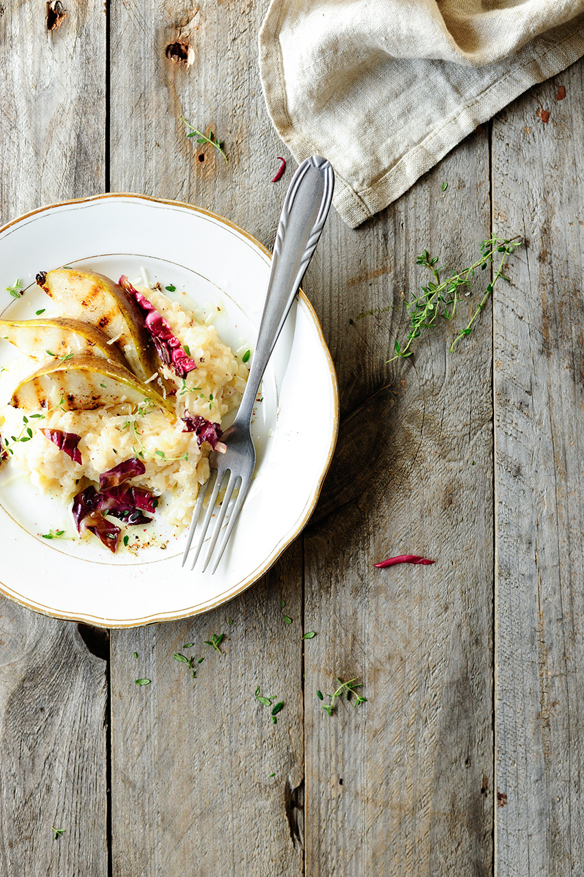 serving dumplings | Goats cheese risotto with pear and radicchio