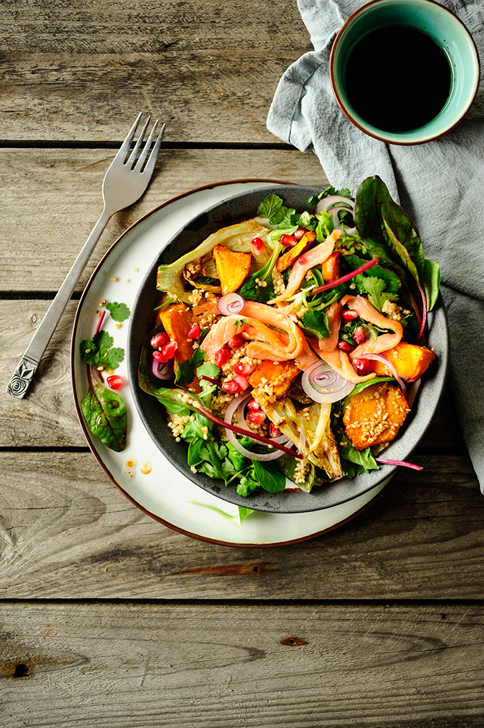 Grilled pumpkin fennel and smoked salmon salad with an Asian touch