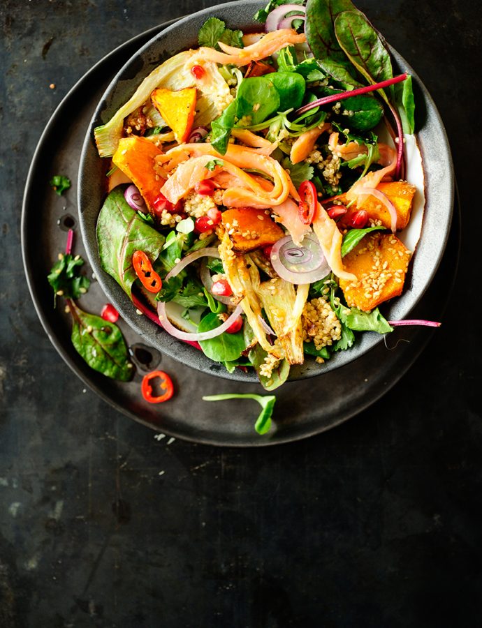 Asian grilled pumpkin fennel and smoked salmon salad