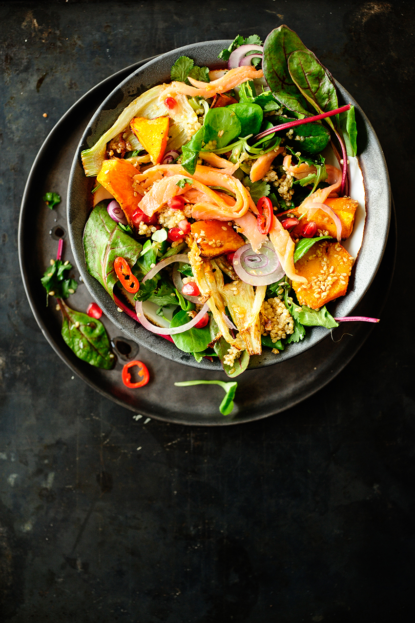 Grilled pumpkin fennel and smoked salmon salad with an Asian touch