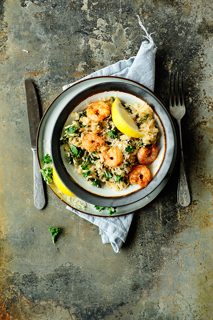 serving dumplings | Kale risotto with shrimps