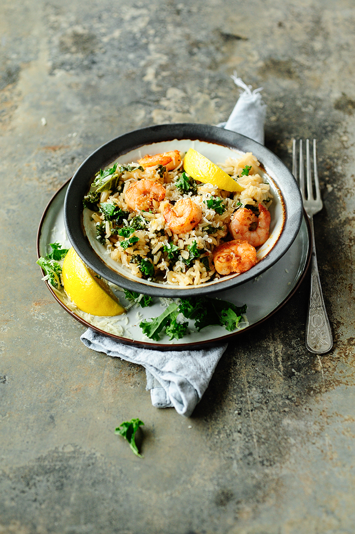 Kale risotto with shrimps