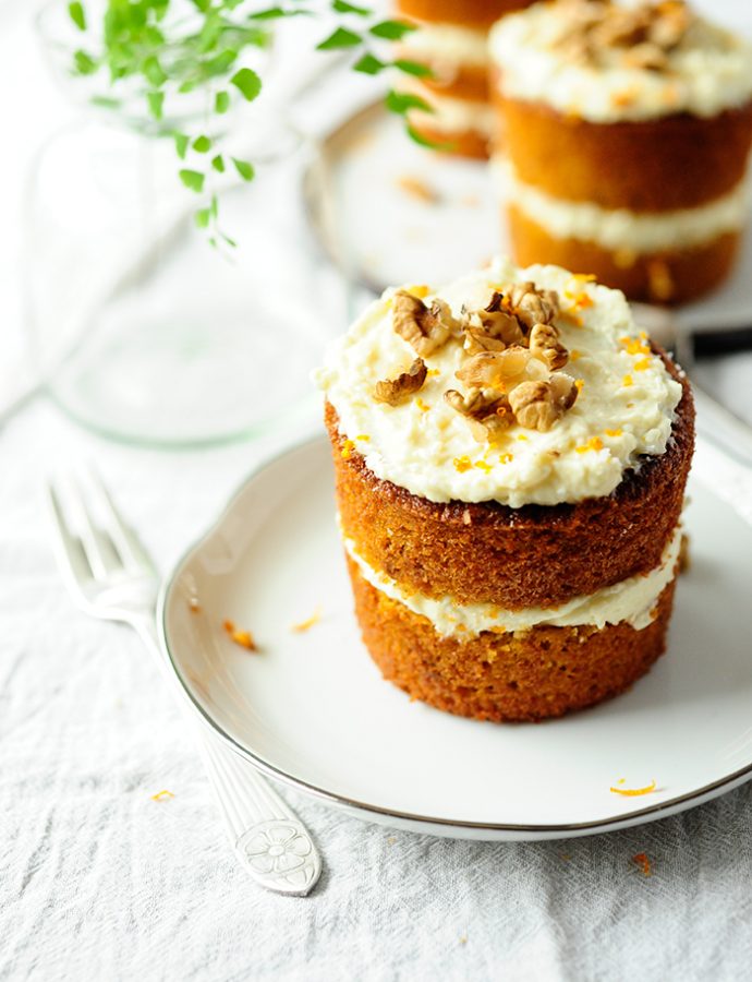 Mini carrot cakes with white chocolate coconut frosting