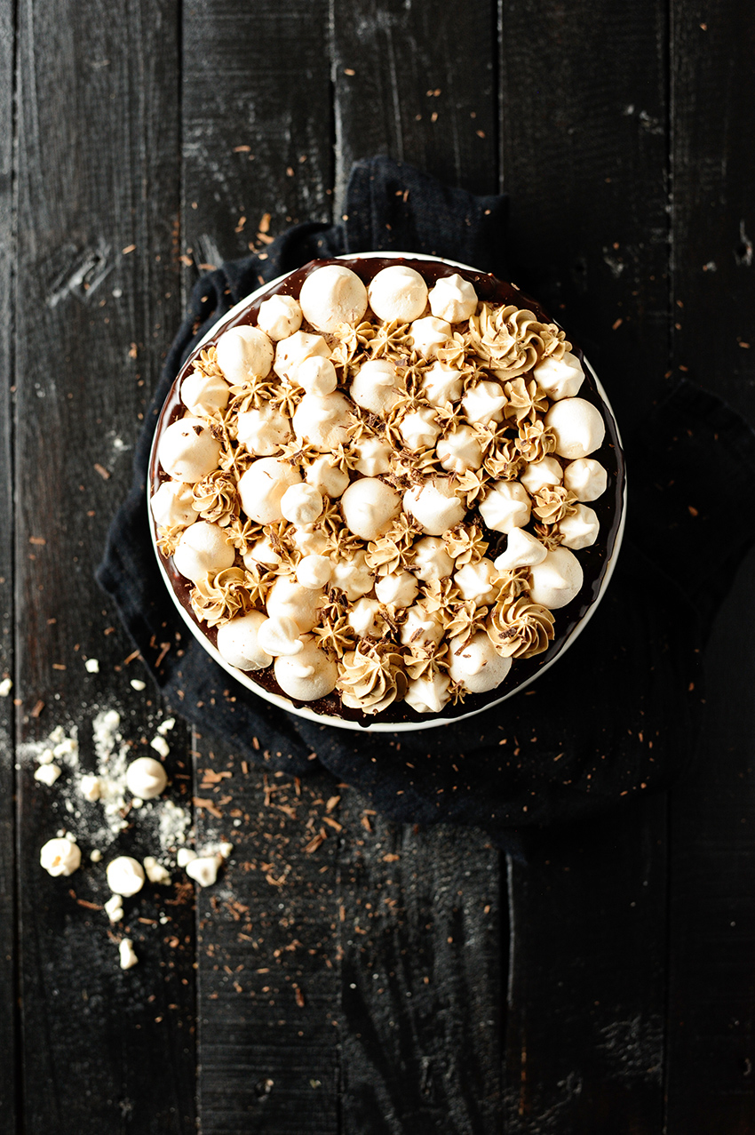 Chocolate meringue cake with coffee Swiss meringue buttercream 