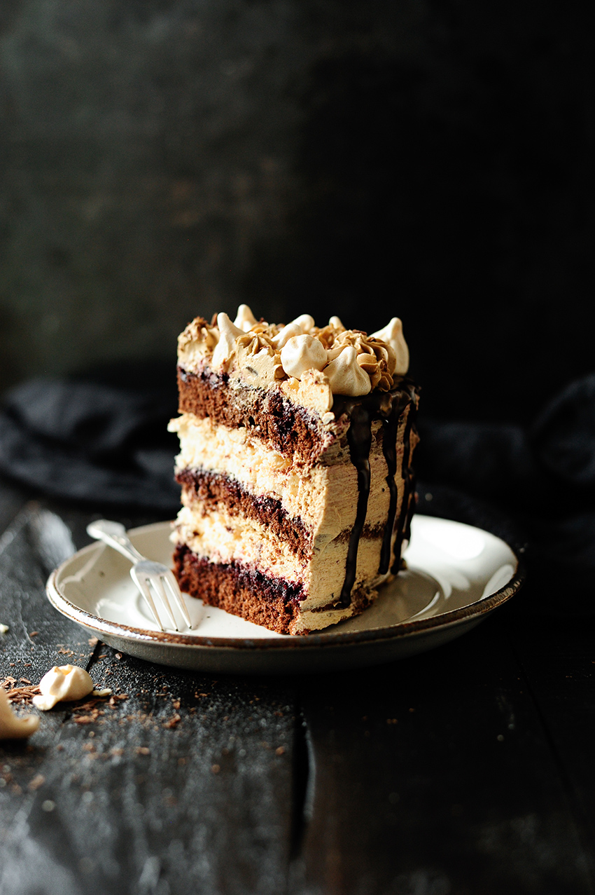 Chocolate meringue cake with coffee Swiss meringue buttercream 