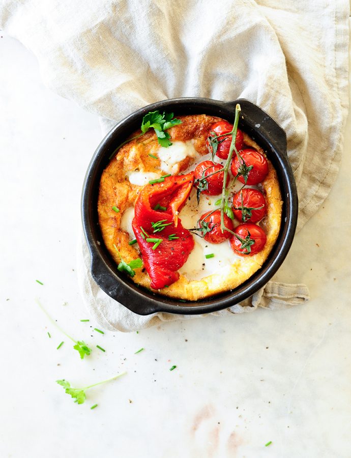 Savory Dutch baby with roasted peppers and tomatoes