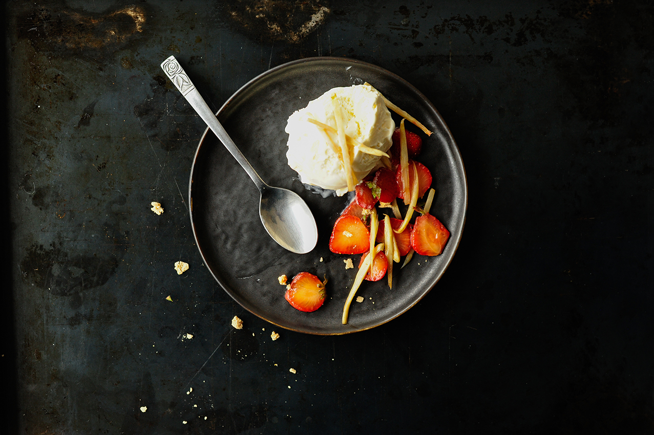 serving dumplings | vanilla ice cream with caramelized asparagus and strawberries