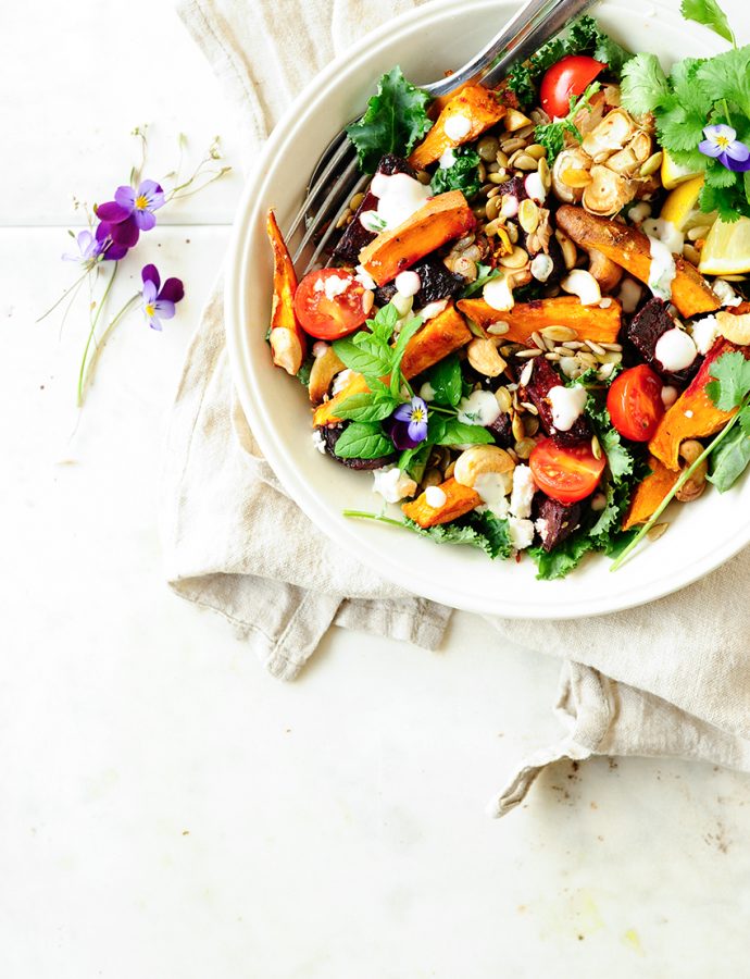 Lentil salad with roasted beets and sweet potato